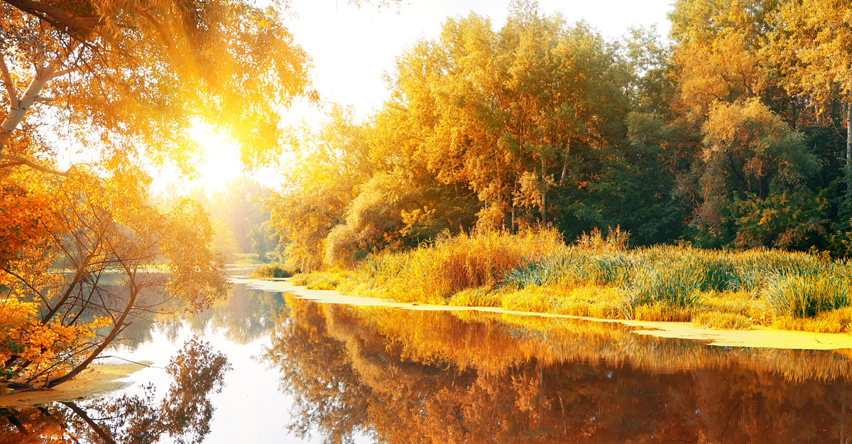 Herbstlicher Sonnenuntergang mit Fluss